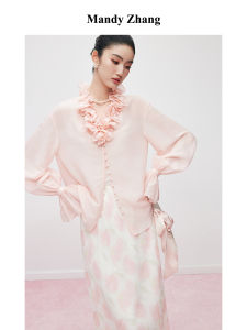 Silk Acetate Pink Shirt with Handmade Rose Collar