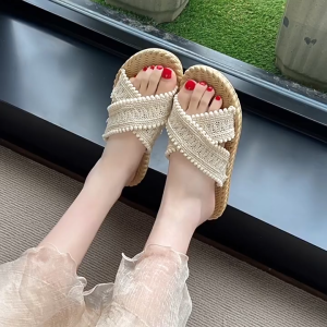 New French gentle hollow lace bohemian style cross slippers with versatile grass woven soles rustic style fake fairy flat sandals