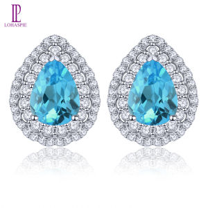 Lohaspie Jewelry Real 3.5 Carats Solid Sterling Silver 925 Stud Earring Original Natural Swiss Blue Topaz Stud Earring Earring Silver 925 Original Topaz Earring For Women Jewelry