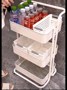 PANDH 100% Steel 3 Tier Kitchen Utility Trolley Storage Rack Organizer for Wheel Lnstallation-Free Foldable Metal Rack