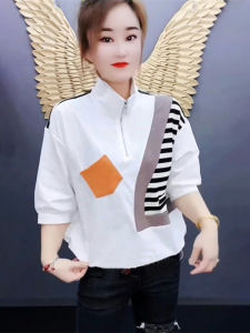 Casual Style Color Block Shirt Womens Summer New Fashion Age Reduction Top Half Zipper Design Loose Fit Lantern Sleeve Polo Collar