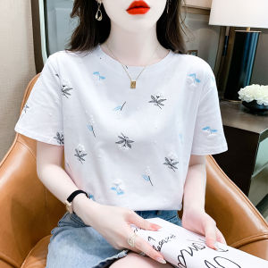 Short Sleeve Pure Cotton T-Shirt Womens Casual Printed Top Korean Style Loose Fit round Neck Summer Fashionable Shirt