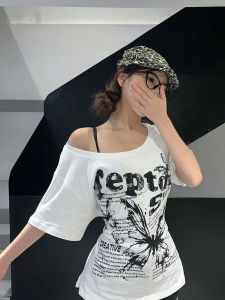 Retro American Shoulder-Bared Butterfly Print Pure Cotton Womens T-shirt Summer Loose Casual Short Sleeve Trendy Top