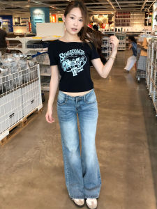 Low Waist Wide Leg Denim Jeans Womens Light Blue Summer New Style American Retro Loose Straight Tube Pants Bamboo Pattern