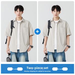 ROMON | Mens Summer Lightweight Ice Silk Short Sleeve Shirt with Drape Collar Loose Fit Workwear Casual Fashion