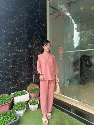 ĐỒ LAM ĐI CHÙA - BỘ NỮ NÚT NGỌC THÊU SEN VẢI ĐŨI VÂN MÂY