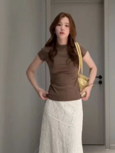 YUEZHONGWEI | American Retro Coffee Round Neck Short Sleeve T-Shirt Women Summer Slimming Solid Color Basic Style Simple Top