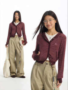 JNXS | Striped Knitted Hoodie Sweater Loose Drop Shoulder Micro-elastic Short 1pc