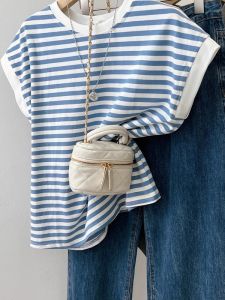 Luxury Brand Womens T-Shirt Sleeveless Striped Blue Cotton Blouse Unique Summer Style Casual Work Clothing