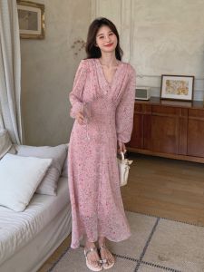 Pink Floral Long Skirt Dress Womens Korean Style Sweet Gentle Loose Fashionable Summer New High Waist A-Line Midi Dress