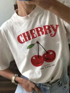 Cherry Print round Neck Short Sleeve Womens T-shirt Street Style Loose Fit Summer Casual Top for Young Women