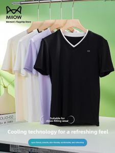 miiow | Cat Person Rceler V-neck Short Sleeve Womens T-shirt Summer New Casual Simple Slimming Cool Feeling Top Daily Wear