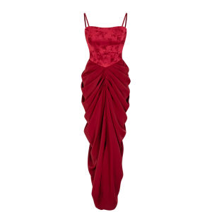 HOPLOOP Chinese Style Autumn Vintage Floral Velvet Satin Wine Red Flower Vase Strap Dress Set Engagement Robe Fashion Ensemble