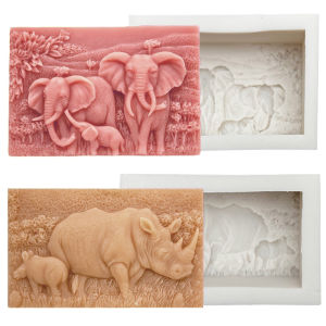 Elephant Family Soap Silicone Molds DIY Square African Elephants Rhinos Scented Candle Soap Making Mold Handmade Gift Decoration