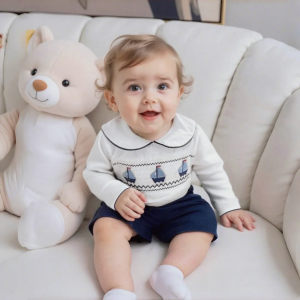 Baby Boys 2 Pieces Summer Boutique Clothing Set Smocking Boat Design for Infant Daily Dress Toddler School Uniform Cotton Suit