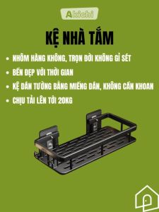 Kệ nhà tắm AKICHI đựng đồ đa năng treo tường bằng miếng dán không cần khoan Nhôm cao cấp chống gỉ
