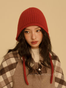 Retro Knitted Woolen Hat Womens Balaclava Cap Red Pure Wool Warm Ear Protection No-Collar Winter Fashion Accessories