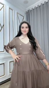 Baju Wanita Nehuma Rawis Katun Rayon Twill – Dress Lengan Panjang Kancing Depan Tali Lepas Rempel Rawis