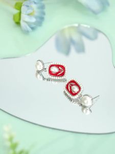 XUPING | Bông Tai Hình Vuông Đỏ Phong Cách Sang Trọng Bọc Hạt Ngọc Trai Giả