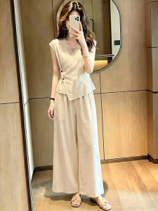 Shalldoer | Mature and Graceful Style Womens Suit 2-Piece Set V-Neck and Waist-Accentuated Sleeveless Top with Pants Summer New Arrival