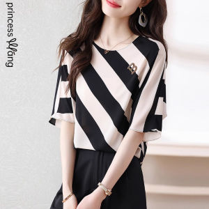 WANGGONGZHU | Summer Womens Striped Short Sleeve T-Shirt Loose Batwing Sleeve Fashionable Cover Belly Top Korean Style Casual Wear