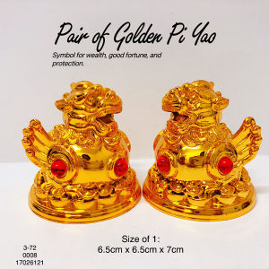 Fengshui Pair of Golden Pi Yao Pi Xiu Figurine on Wealth Coin Ingot Money Bar Piyao Pixiu Ornament