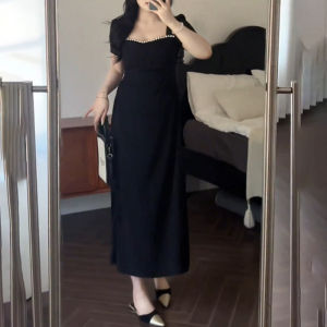 plus Size French Elegant Square Collar Short Sleeve Womens Dress Summer New Slimming Meat Covering High-End Long Skirt