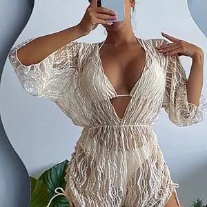 Long Sleeve Gauze Corset Swimsuit Women/High Waist Drawstring Sun Protection Blouse Three-Piece Swimsuit