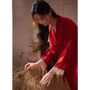 Victorias Classic Chinese Style Wedding Sleepwear Womens Thin Ice Silk Red Home Clothes Set Simple Lace Trim Pure Color