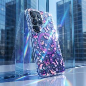 For Samsung S26 Ultra S25 Plus S24 FE S26 S25 Gradient Blue Magnetic Phone Case Glitter Butterfly Flower Clear Shockproof Cover
