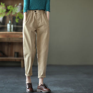 Thickened Cotton Linen Harlan Pants Womens Casual Long Trousers Spring Autumn High Waist Loose Fit with Pockets round Neck