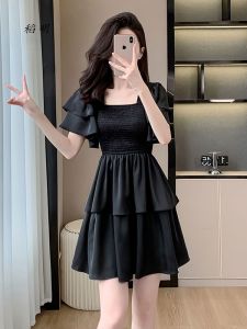 ชุดเดรสสั้นทรงเอสีดำหรูหราสไตล์ฝรั่งเศส สำหรับผู้หญิง ฤดูร้อน 2024 กระโปรงทรงเอเข้ารูปเอวสูง เดรสยาวปานกลาง เดรสยาวปานกลาง