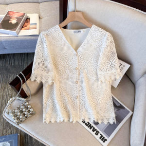 Export Tail Order Withdrawal Cut Label Plus Size Plus Size Ladies Summer Lace Age Reduction Classic Style Easiest for Match Figure Flattering V-neck Tops Female