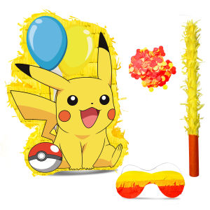 4 Pcs Pokemon Party Pinatas Set - 14 Pikachu Theme Piñata Blindfold & Pikachu Pinata Stick Etc Pokemon Pinata Games Supplies