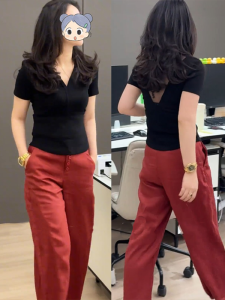 Shalldoer | Summer New Simple Pure Color V-Neck T-Shirt and Red Straight Leg Leisure Pants Two-Piece Set