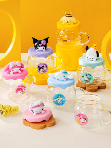 Creative Hello Kitty Glass Cup with Lid Honey Pot Cartoon Japanese Style round Shape High Borosilicate Glass Heat Resistant Water Tea Cup