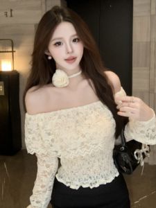 GUZILIAN | Áo sơ mi ren ngắn tay phong cách Hàn Quốc Pure Desire dành cho nữ thanh lịch có chi tiết ren và áo cánh dài tay phong cách nữ tính cạp cao mùa hè 2025