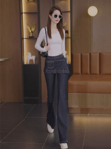 กางเกงยีนส์ทรงหลวมขากว้างสีน้ำเงินเทนเนอร์ ทรงหลวม ทรงสลิมฟิต สำหรับผู้หญิง ฤดูใบไม้ร่วง 2024 กางเกงยีนส์แฟชั่นสไตล์เกาหลี วัสดุผ้าฝ้ายยืด