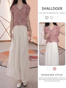 Shalldoer | Elegant Fashionable Womens Two-Piece Set Summer 2025 Slimming Wide Leg Pants V-Neck Short Sleeve Polyester Fiber Long Pants