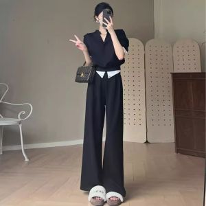 ชุดสองชิ้นลำลองสำหรับผู้หญิง แขนยาว กางเกงขากว้าง ทรงหลวม สไตล์ฤดูใบไม้ร่วง ฤดูใบไม้ผลิ ฤดูใบไม้ร่วง ฤดูหนาว ชุดทำงาน