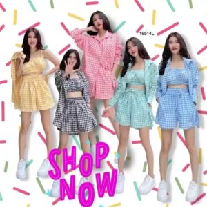 AK 16514 ชุดเซต 3 ชิ้น เสื้อเชิ้ตคลุมแขนยาว มีกระเป๋าหน้า มาพร้อมเสื้อบราสม้อคยางยืด