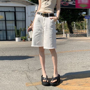 QIAOMIDUO | Summer Thin White Womens Jeans High Waist Five-Quarter Length Frayed Hem Straight Leg Wide Leg Pants Short Shorts