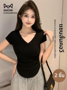 MiiOW | เสื้อยืดคอกลมแขนสั้นผ้าฝ้ายแท้สีดำสำหรับผู้หญิงในช่วงฤดูร้อน เสื้อผ้าทำงานลำลอง เสื้อผ้าทำงานลำลอง ทรงเข้ารูป แขนกุด แขนกุด