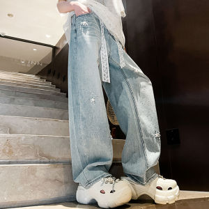 Womens Denim Jeans Pearl Embellished Lace Waist Belt Loose Wide Leg Straight Cut Spring 2025 Fashion Casual Trousers