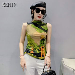 REHIN Womens top Fshion print sleeveless T-shirt half high neck slim fit thin tanks