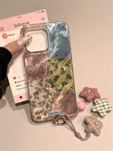 Korean Style Fresh Color Block Floral Handheld Rope Phone Case for Apple 16Promax iPhone 15Promax New Model 14Pro Girl Style 13Pm Aluminum Foil Pattern Full Protection Cover