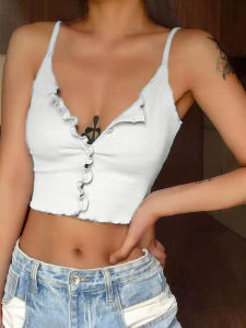 Solid Color Buttonwood Ear Sling Vest Pure Color Button Wood Ear Lingerie Crop Top Womens Street Style Summer Vest