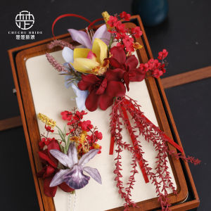 Brides New Vintage Chinese Red Tassel Hairpin Set Dragon And Phoenix Cheongsam Accessory Realistic Simulation Floral Hairpin