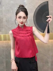 Áo Vest Không Tay Màu Đỏ Cổ Đứng Phong Cách Trung Hoa Mới Cho Nữ Mùa Hè 2025 Áo Sơ Mi Đa Năng Thiết Kế Mới Áo Vest