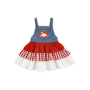 Cute Apple Girl Print Bib Dress Summer Casual Cotton Blend Fabric mid Waist Three Layer Color Block Dress for Girls